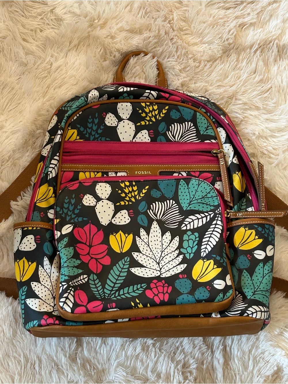 Fossil Floral canvas Backpack with Pink, Yellow & Teal Accents